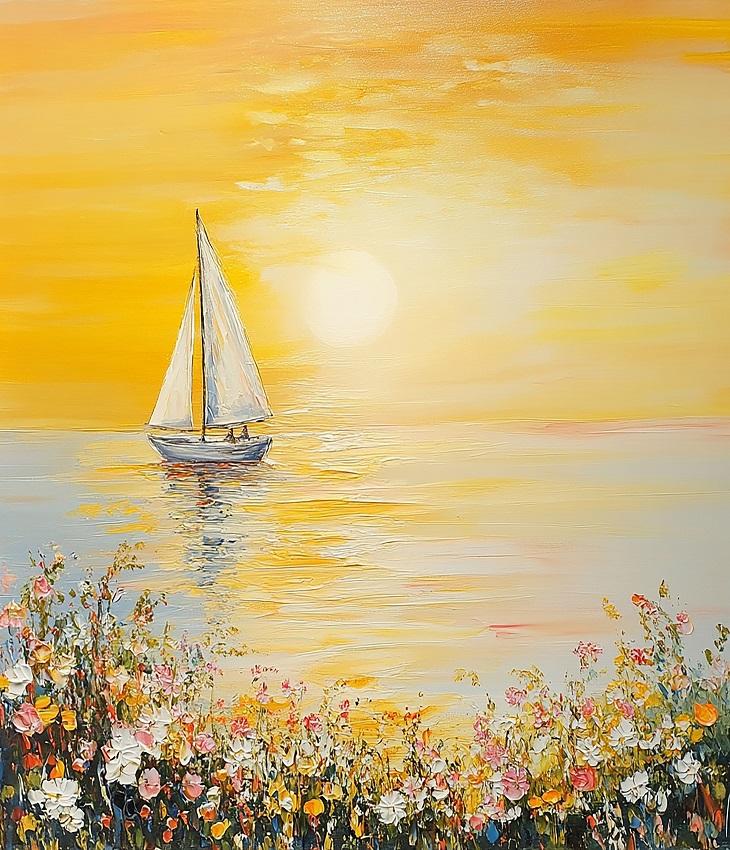 sunrise scenery sea painted with acrylic paint with small sailboat